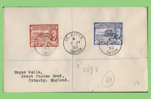 St Christopher Nevis & Anguilla 1952 KGVI 4c & 6c on registered 'Cayon' cover to England