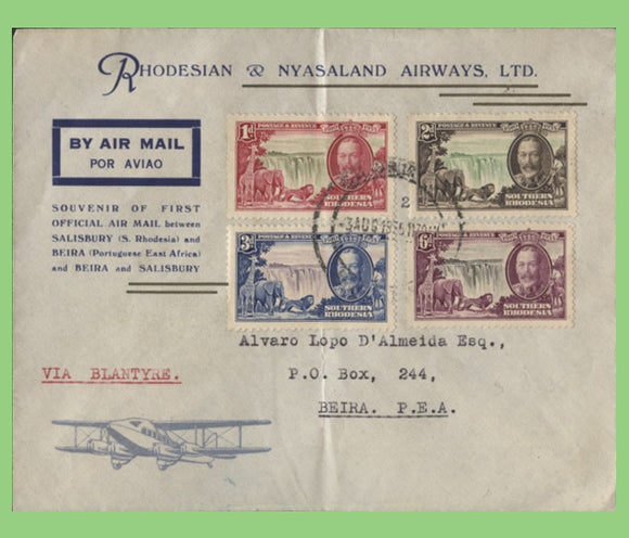 Southern Rhodesia 1935 KGV Silver Jubilee set on First Airmail cover between Salisbury and Beira