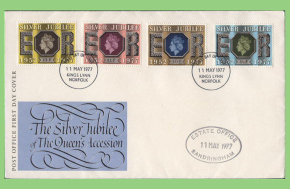 G.B. 1977 Silver Jubilee set on Post Office First Day Cover, Kings Lynn + Sandringham cachet