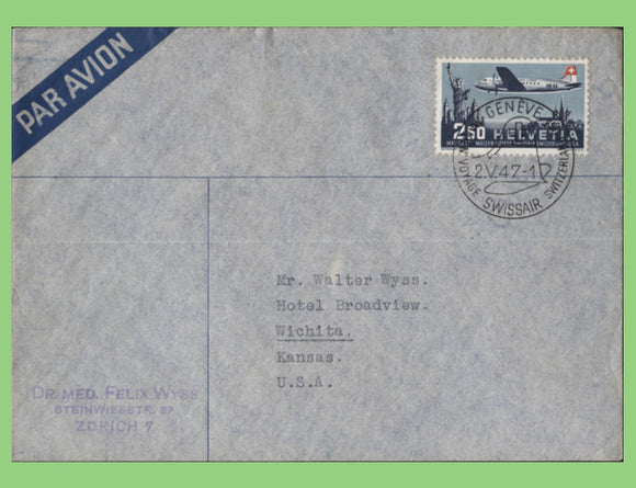 Switzerland 1947 2fr50 Airmail on Airmail First Day Cover