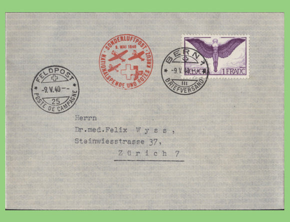 Switzerland 1940 1f Air on cover with Red Cross cachet and Felpost cancel