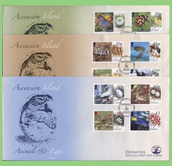 Ascension 2008 Animals & Eggs definitive set on three First Day Covers