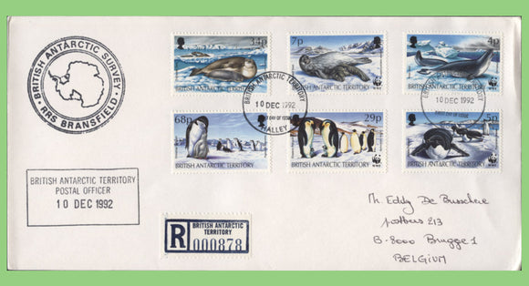 British Antarctic Territory 1992 Penguins & Seals set on First Day Cover. RRS Bransfield cachet