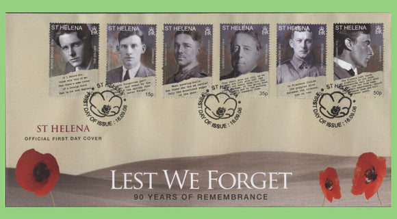 St Helena 2008 'Lest We Forget' Remembrance set on First Day Cover