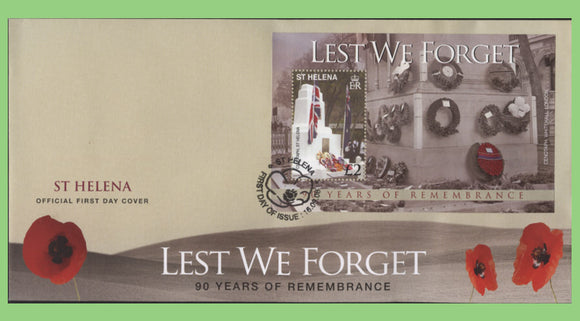 St Helena 2008 'Lest We Forget' Remembrance miniature sheet on First Day Cover