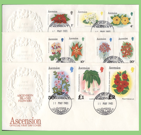 Ascension 1981 Flowers definitive set on three First Day Covers