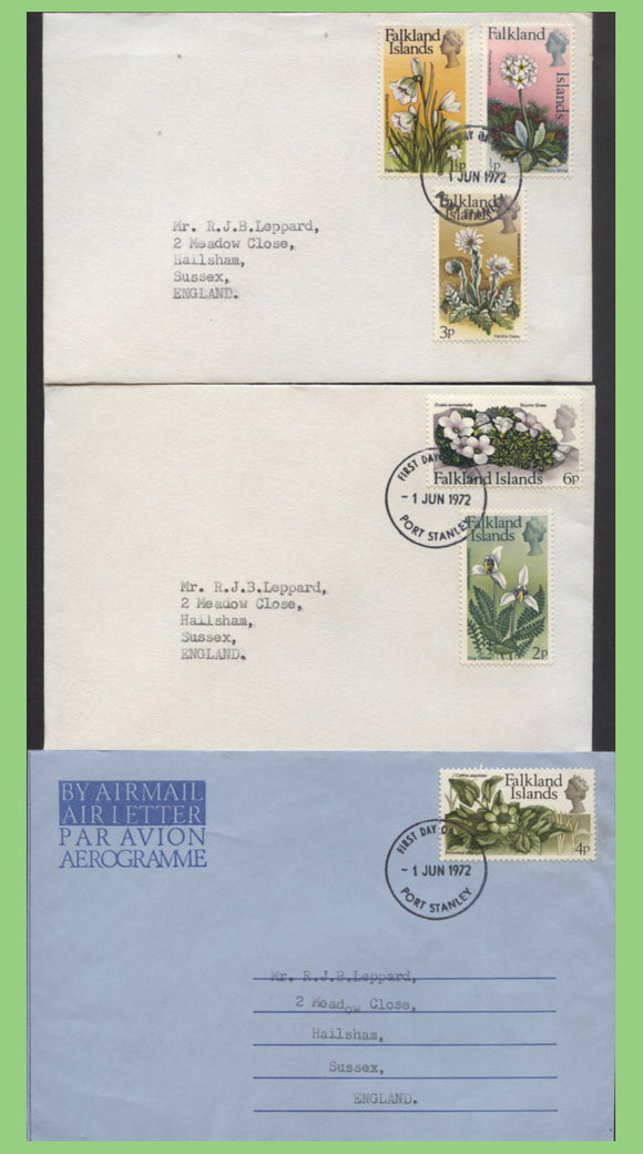 Falkland Islands 1972 Flowers definitives on Five First Day Covers and one Air Letter, Port Stanley