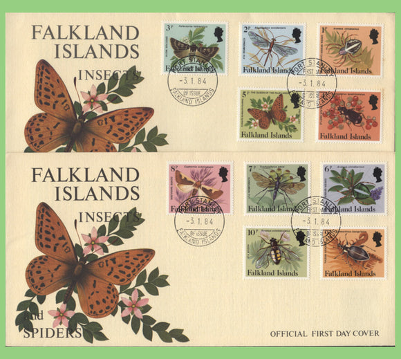 Falkland Islands 1984 Insects & Spiders part set on two First Day Covers, Port Stanley