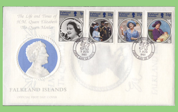 Falkland Islands 1985 Life & Times of Queen Mother set on First Day Cover, Port Stanley