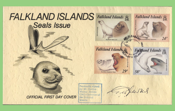 Falkland Islands 1987 Seals set on First Day Cover, Signed by G. W. Jewkes CMG Governor of the Falklands