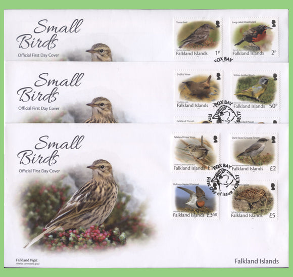 Falkland Islands 2017 Small Birds definitive set on three First Day Cover, Fox Bay