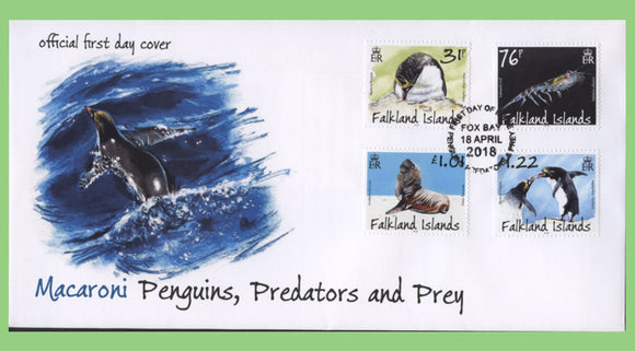Falkland Islands 2018 Macaroni Penguins, Predators and Prey set on First Day Cover, Fox Bay