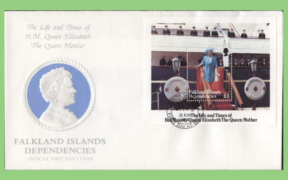 Falkland Island Dependencies 1985 Queen Mother mini sheet on First Day Cover