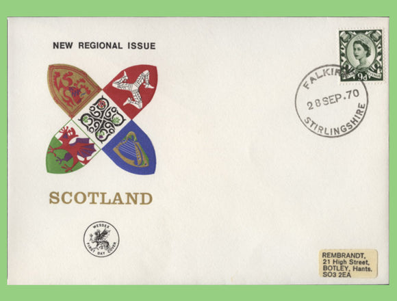 G.B. 1970 9d unwatermarked Scotland definitive on Wessex First Day Cover, Falkirk