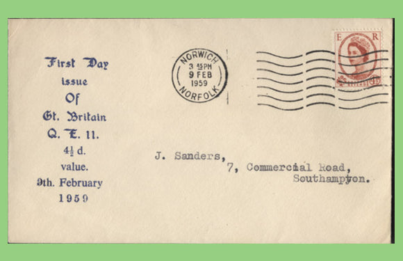 G.B. 1959 QEII 4½d Wilding definitive on First Day Cover, Norwich