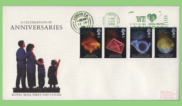 G.B. 1989 Anniversaries set on Royal Mail First Day Cover, We Love Lead Free slogan