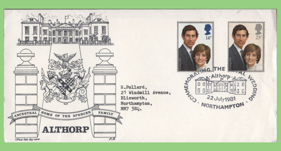 G.B. 1981 Royal Wedding on official Althorp First Day Cover, Althorp