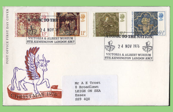 G.B. 1976 Christmas set on Post Office First Day Cover, Victoria & Albert Museum, Label address