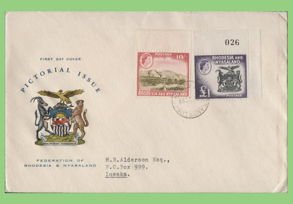 Rhodesia and Nyasaland 1959 QEII 10/- & £1 definitive on First Day Cover