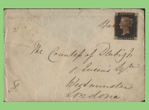 G.B. 1840 Queen Victoria 1d Black with red Maltese Cross on cover, Hitchin to London