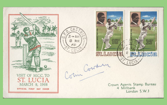 St Lucia 1968 Cricket set on First Day Cover, Signed Colin Cowdrey