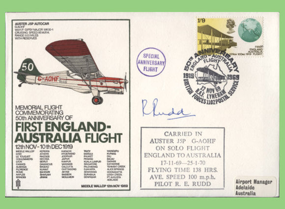 G.B. 1969 Anniv. of First England-Australia Flight cover, signed R E Rudd