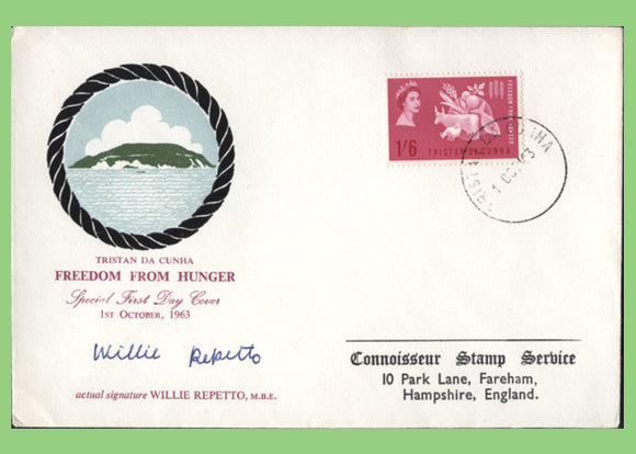 Tristan da Cunha 1963 FFH First Day Cover, signed by Willie Repetto