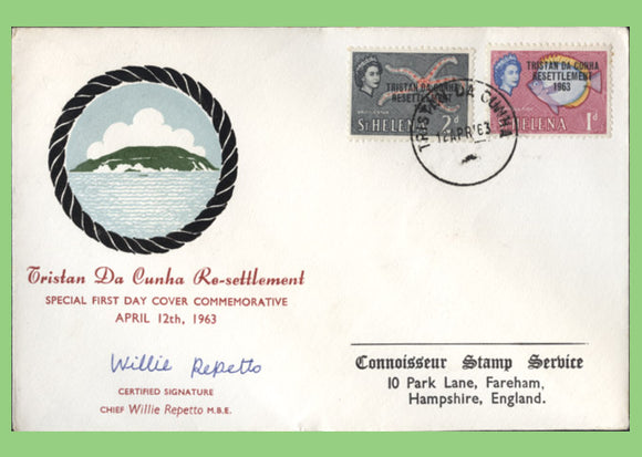 Tristan da Cunha 1963 two re-settlement overprints on Cover, signed by Willie Repetto