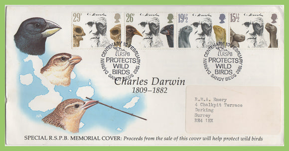 G.B. 1982 Charles Darwin set on RSPB First Day Cover, Sandy