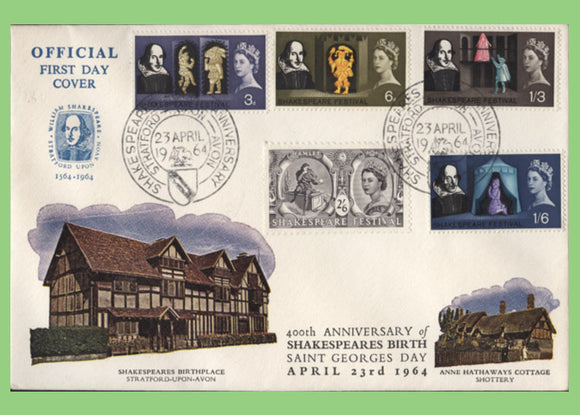 G.B. 1964 Shakespeare set on official First Day Cover, Stratford Upon Avon