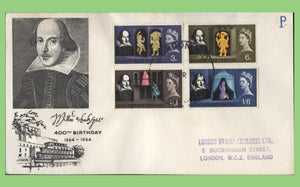 G.B. 1964 Shakespeare phosphor set on First Day Cover, Stratford Upon Avon