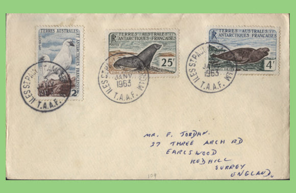 French Antarctic (T.A.A.F.) 1962 Seals & Birds stamps cover to UK