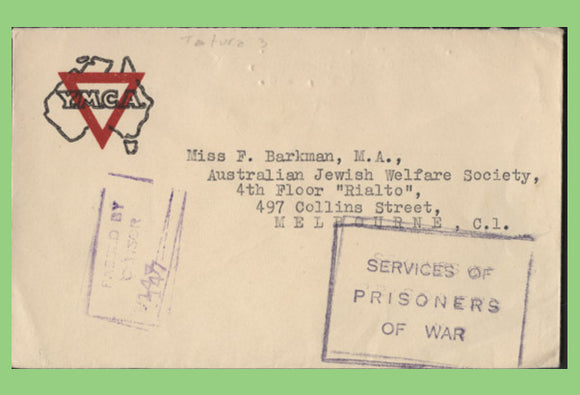 Australia 1941 WWII P.O.W. Camp (Tatura) censored cover to Jewish Welfare Soc.