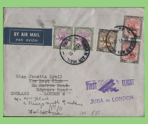 Sudan 1931 multifranked First Flight Cover, Juba to London with Flight cachet