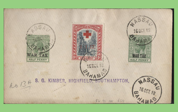 Bahamas 1918 KGV, three War Tax overprints on cover