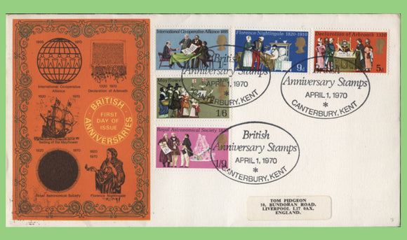 G.B. 1970 General Anniversaries set on Thames First Day Cover, Canterbury