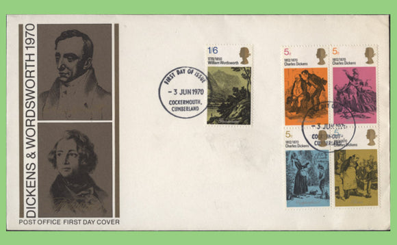 G.B. 1970 Literary Anniversaries set on u/a Post Office First Day Cover, Cockermouth FDI