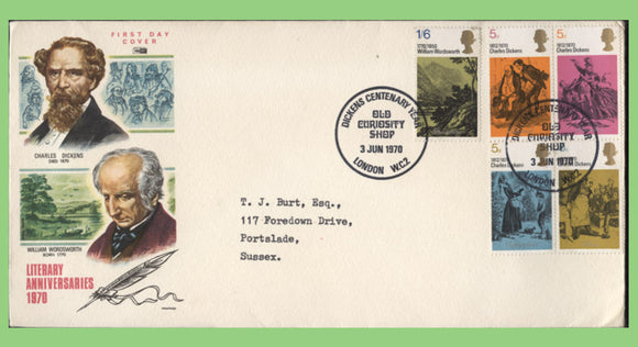 G.B. 1970 Literary Anniversaries set u/a Philart First Day Cover,Old Curiosity Shop, typed
