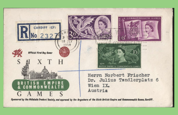 G.B. 1958 Commonwealth Games set on reg. First Day Cover, Cardiff Games slogan