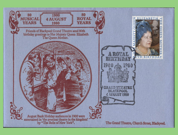 G.B. 1980 Queen Mother issue on 'The Grand Theatre' First Day Cover, Blackpool