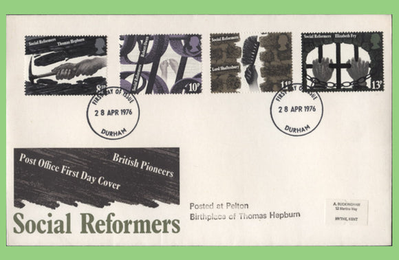 G.B. 1976 Social Reformers set on Post Office First Day Cover, Durham FDI