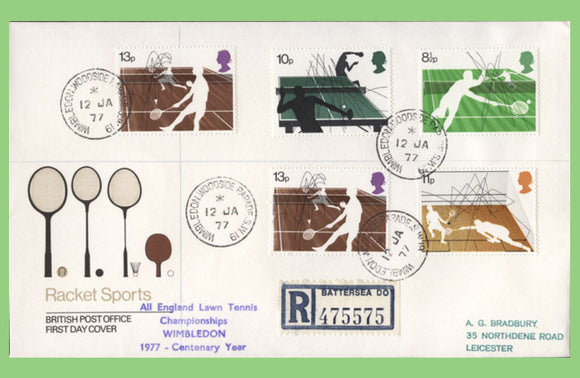 G.B. 1977 Racket Sport set on Post Office First Day Cover, Wimbledon Woodside Parade cds
