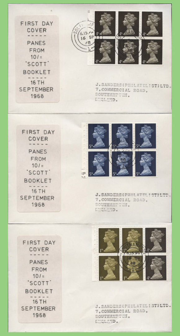 G.B. 1968 10/- booklet panes on three First Day Cover, Southampton