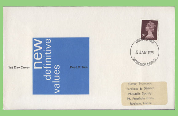 G.B. 1975 7p definitive (omitted phosphor) on Post Office First Day Cover, Windsor