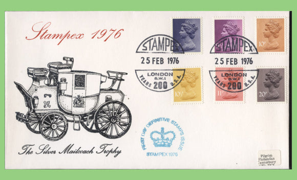 G.B. 1976 six definitives on Pilgrim First Day Cover, Stampex h/s & cachet