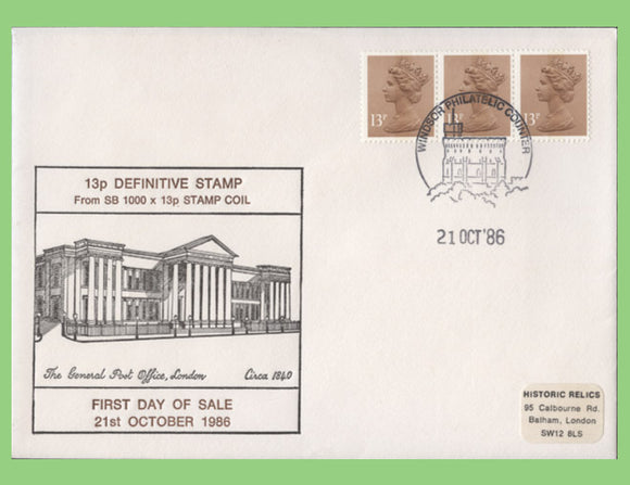 G.B. 1986 13p Horizontal Coil definitives on Historic Relics First Day Cover, Windsor