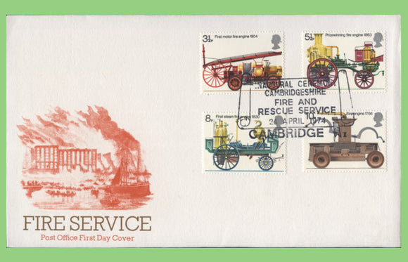 G.B. 1974 Fire Service set on Post Office First Day Cover, Cambridge