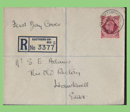 G.B. 1939 KGVI 8d Carmine on registered First Day Cover. Southend on Sea