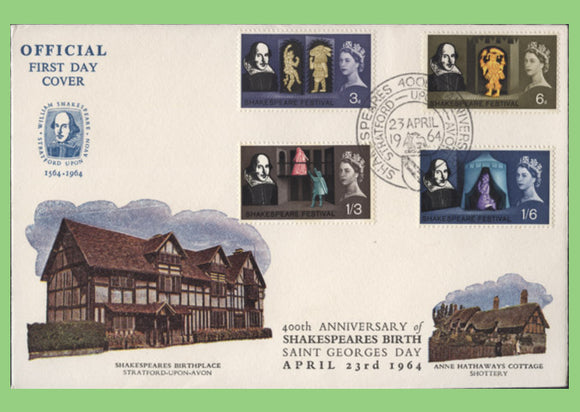 G.B. 1964 Shakespeare phosphor set on Official First Day Cover, Stratford