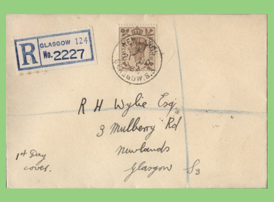 G.B. 1938 KGVI 5d on plain registered First Day Cover